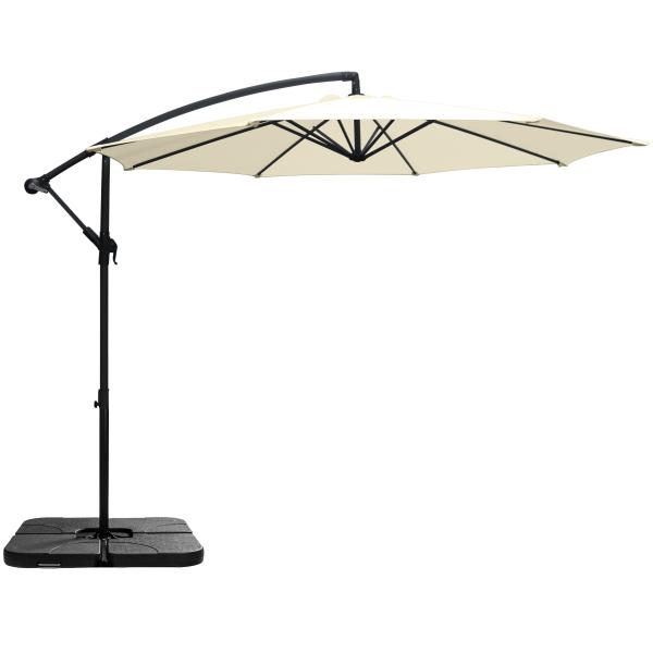 Hængeparasol beige 3m med parasolfod til krydsfod 60L